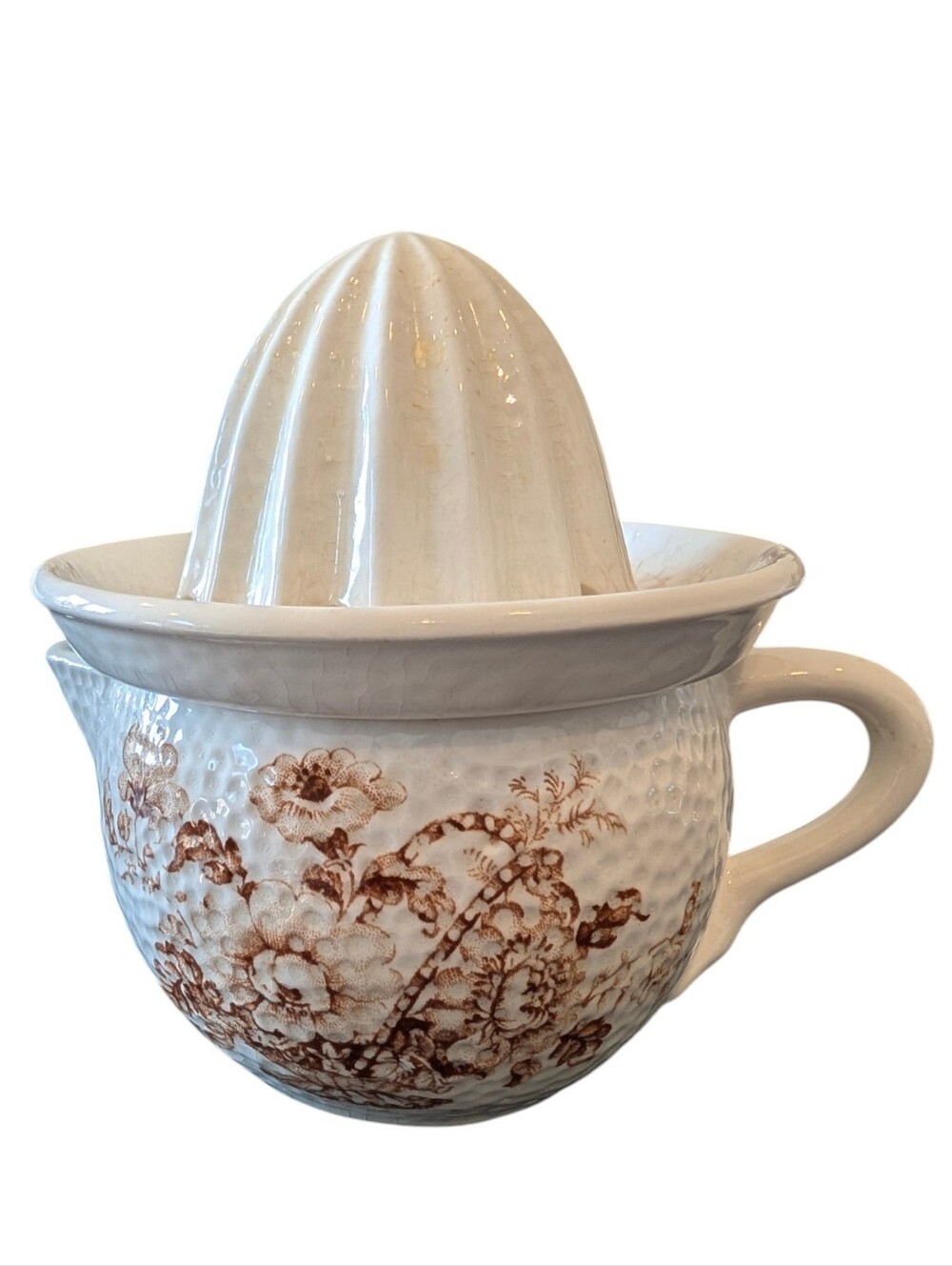 Vintage Royal Crownford Charlotte Ironstone Juicer Reamer, Brown Transferware